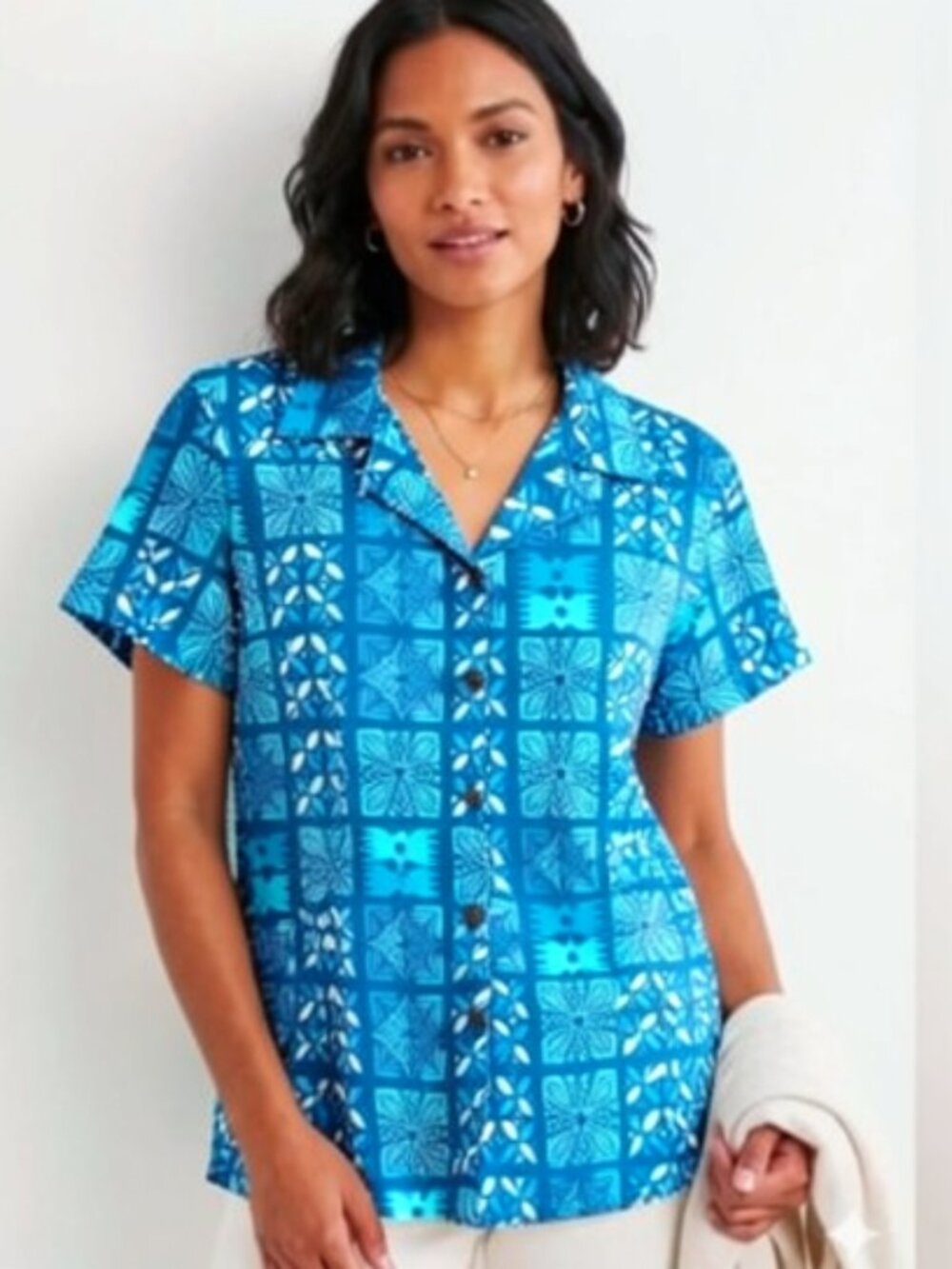 Aisokula Fiji Womens Top Blouse Button Front Short Sleeves Blue Size 20